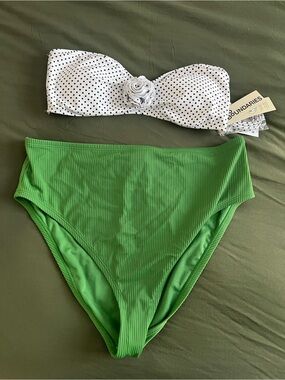 No Boundaries White Polka Dot Bandeau Top & Green High-Waist Bikini Bottom